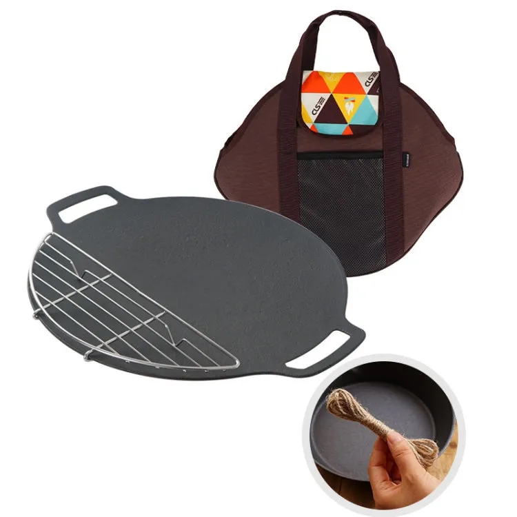 Outdoor Camping BBQ Cast Iron Grill Pan,Style: Baking Pan Net Hemp Rope Storage Bag