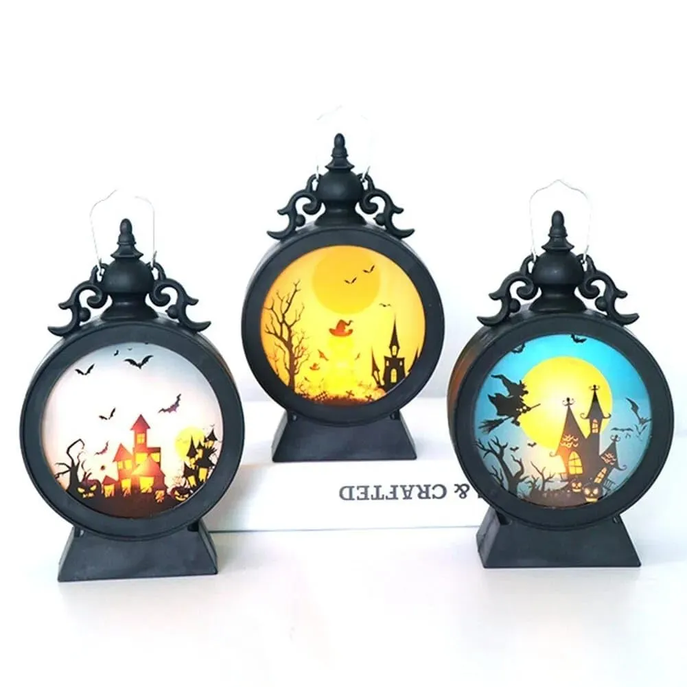 PartyToko Halloween Lantern Mini Halloween Castle Vintage Hanging Lantern Witch Style Gothic Vintage LED Pumpkin Lantern Witch Castle Lantern Black - Any Random Design 1pc