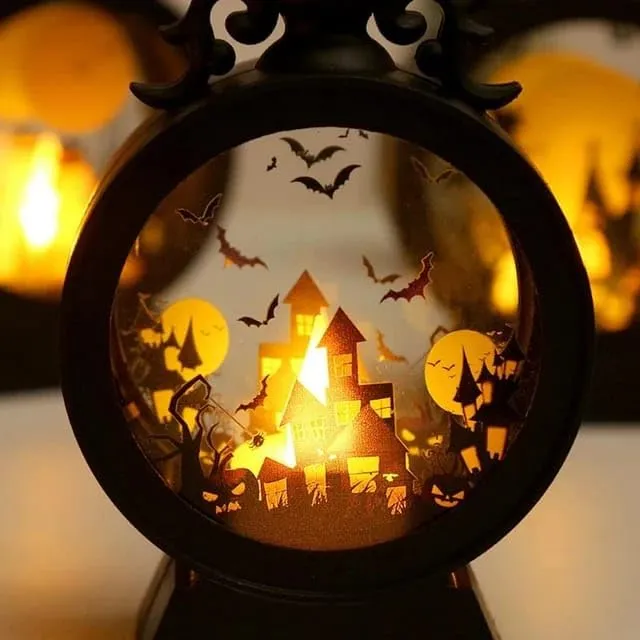 PartyToko Halloween Lantern Mini Halloween Castle Vintage Hanging Lantern Witch Style Gothic Vintage LED Pumpkin Lantern Witch Castle Lantern Black - Any Random Design 1pc