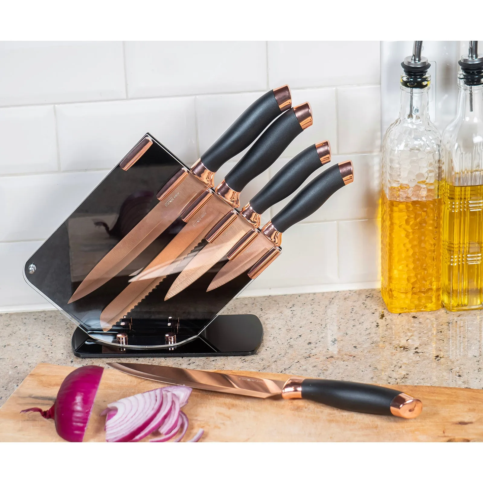 Red Co. 6-Piece Stainless Steel Kitchen Knife Set with Acrylic Base Stand, Rose Gold/Black