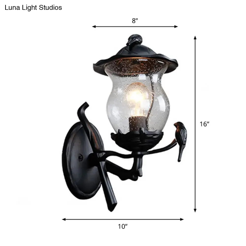 Rustic Black Gourd Shaped Garden Wall Lamp - 1-Light Seedy Glass Lantern Sconce with Charming Bird Deco