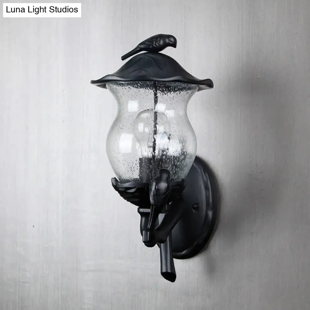 Rustic Black Gourd Shaped Garden Wall Lamp - 1-Light Seedy Glass Lantern Sconce with Charming Bird Deco