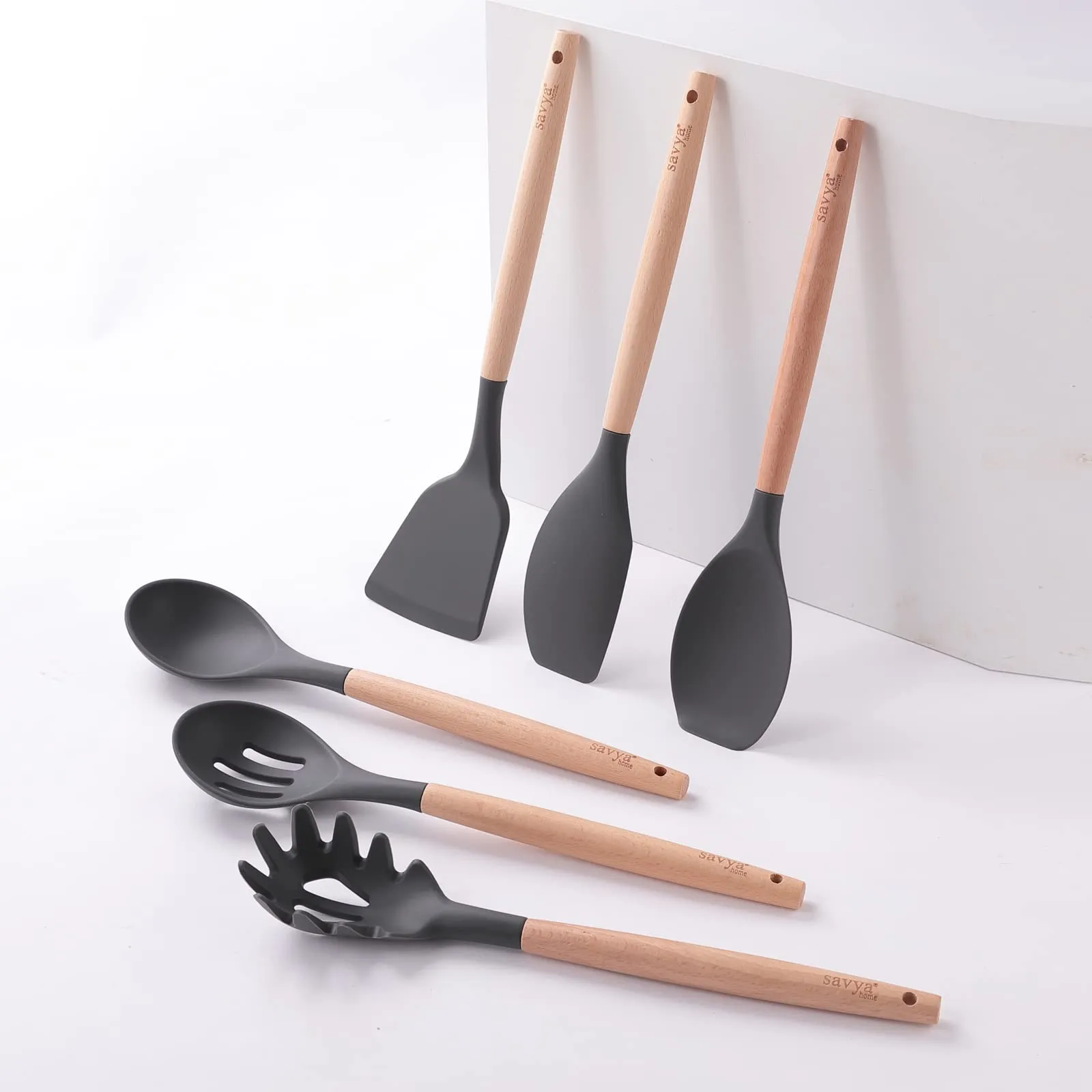 SAVYA HOME Silicon Spatula Set | BPA-Free & Food Grade Silicon | Non-Stick Cookware Set of 12 | Cooking & Baking Essentials | Heat Resistant | Dishwasher Safe | Dark Grey