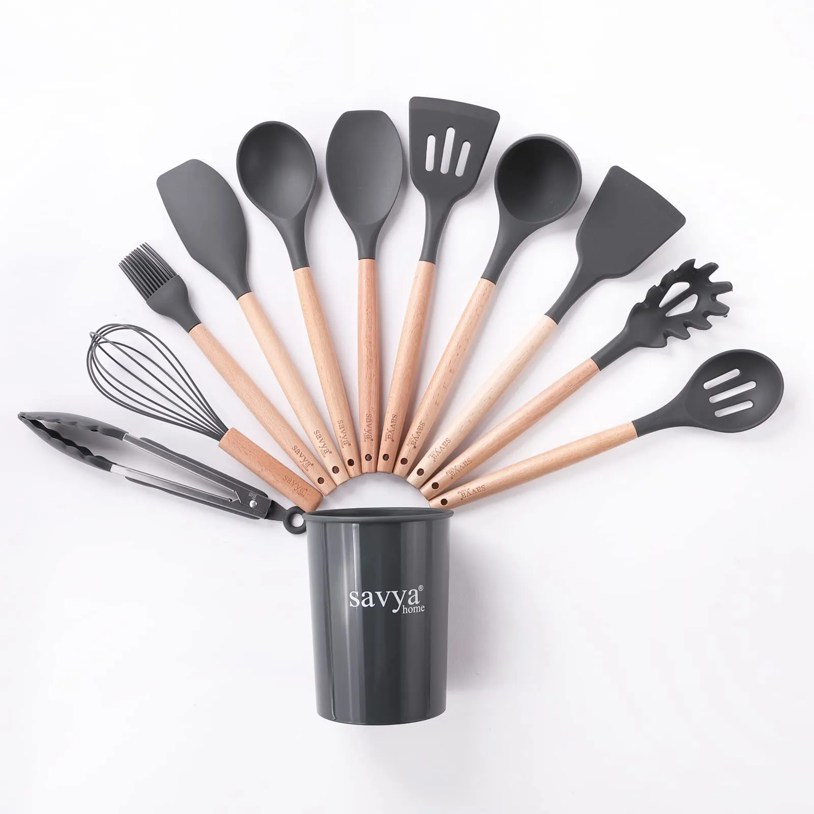 SAVYA HOME Silicon Spatula Set | BPA-Free & Food Grade Silicon | Non-Stick Cookware Set of 12 | Cooking & Baking Essentials | Heat Resistant | Dishwasher Safe | Dark Grey