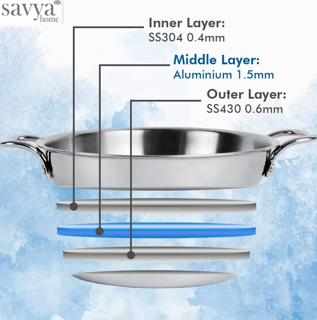 SAVYA HOME Triply Stainless Steel Kadai with Lid | 22 cm Diameter | 2.2 L Capacity | Stove & Induction Cookware | Heat Surround Cooking | Triply Stainless Steel cookware with lid