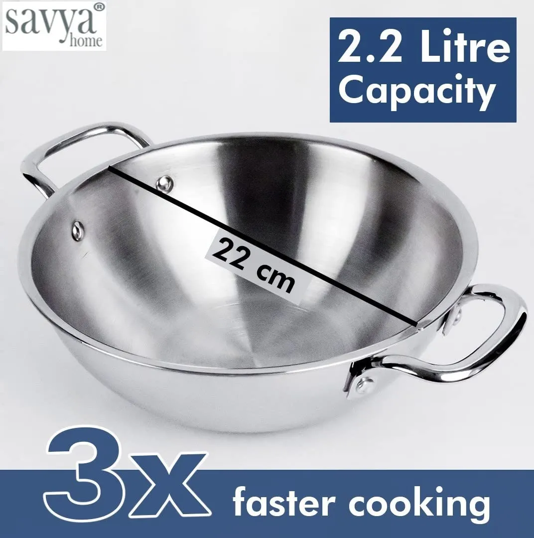 SAVYA HOME Triply Stainless Steel Kadai with Lid | 22 cm Diameter | 2.2 L Capacity | Stove & Induction Cookware | Heat Surround Cooking | Triply Stainless Steel cookware with lid