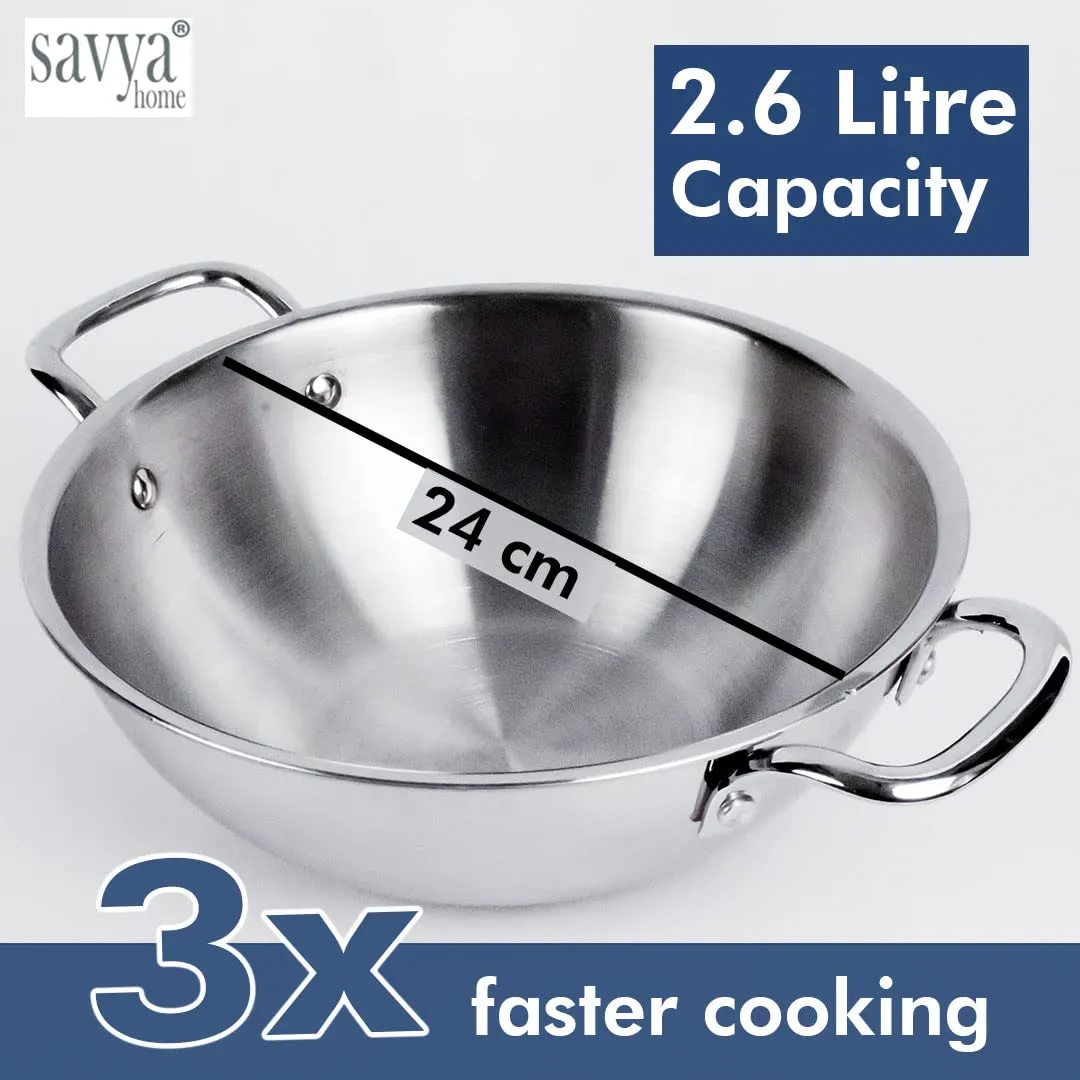 SAVYA HOME Triply Stainless Steel Kadai with Lid | 24 cm Diameter | 2.6 L Capacity | Stove & Induction Cookware | Heat Surround Cooking | Triply Stainless Steel cookware with lid