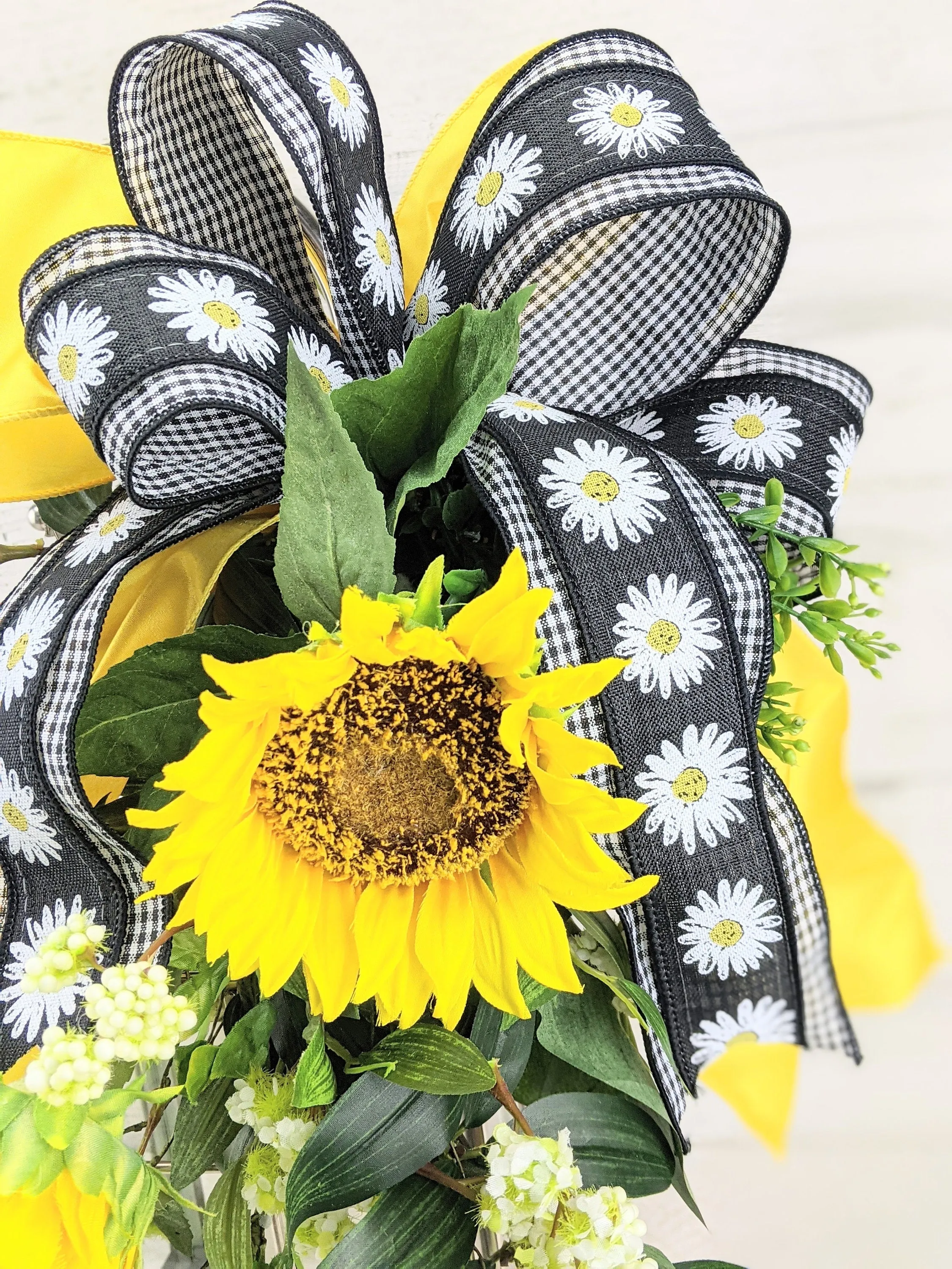 Sunflower Lantern Swag with Buffalo Check Bow - Choice of Ribbon