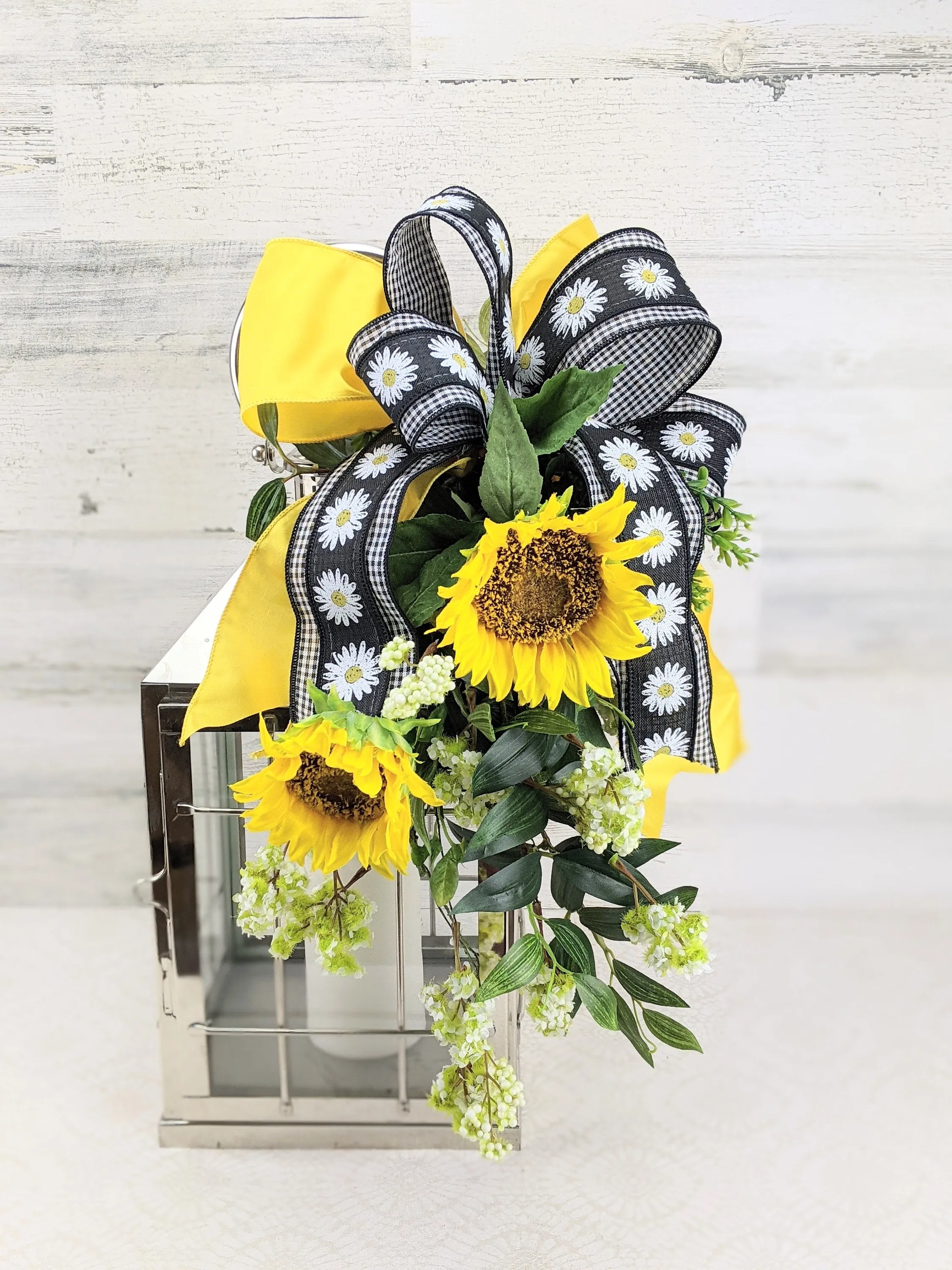 Sunflower Lantern Swag with Buffalo Check Bow - Choice of Ribbon