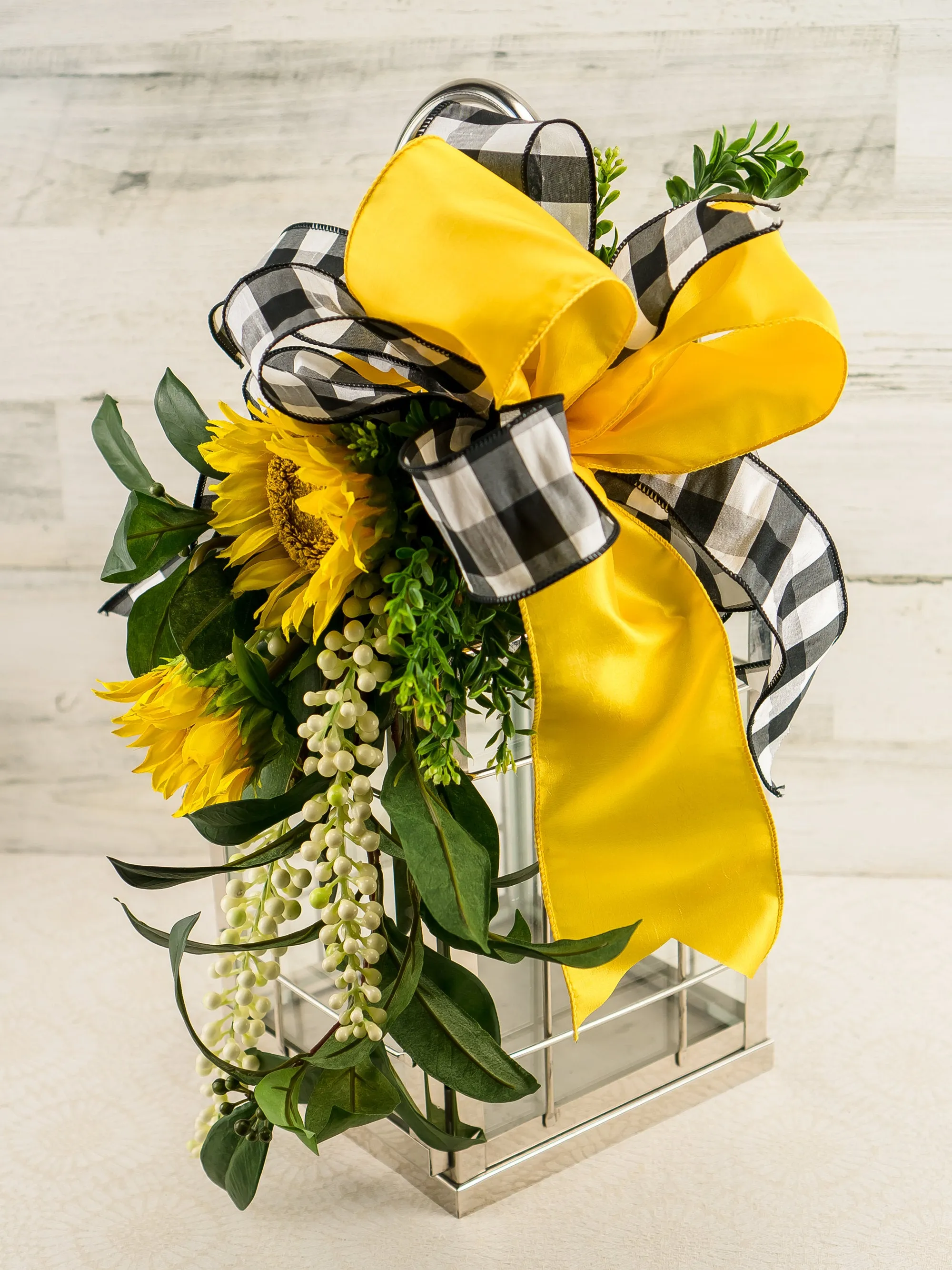 Sunflower Lantern Swag with Buffalo Check Bow - Choice of Ribbon