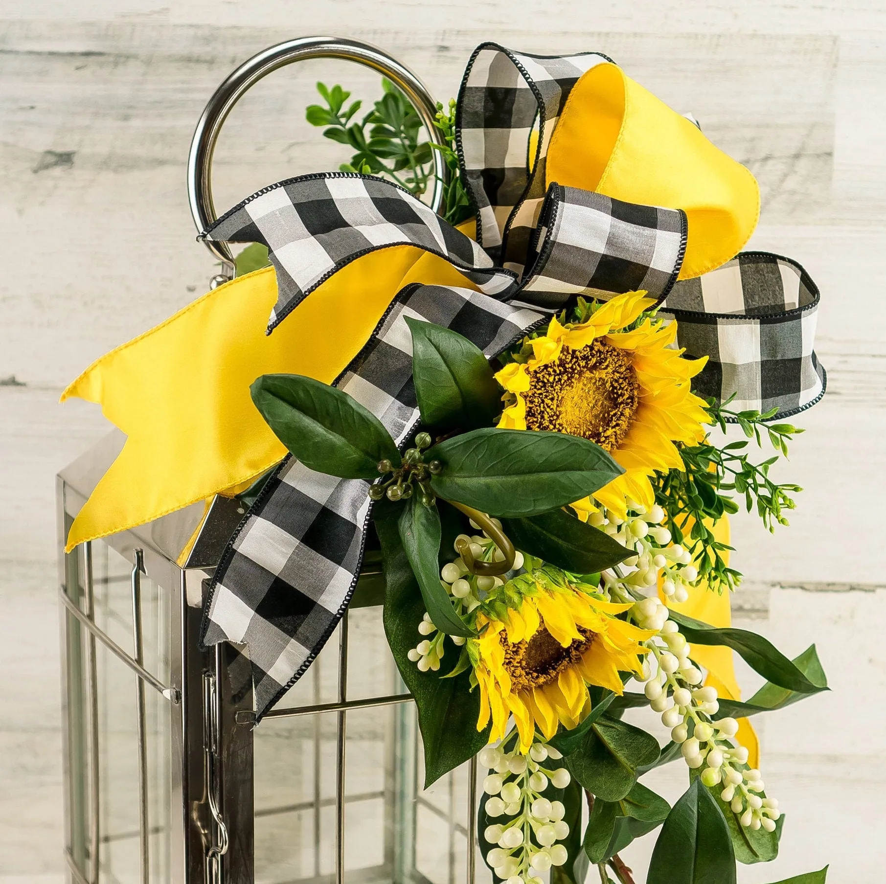 Sunflower Lantern Swag with Buffalo Check Bow - Choice of Ribbon