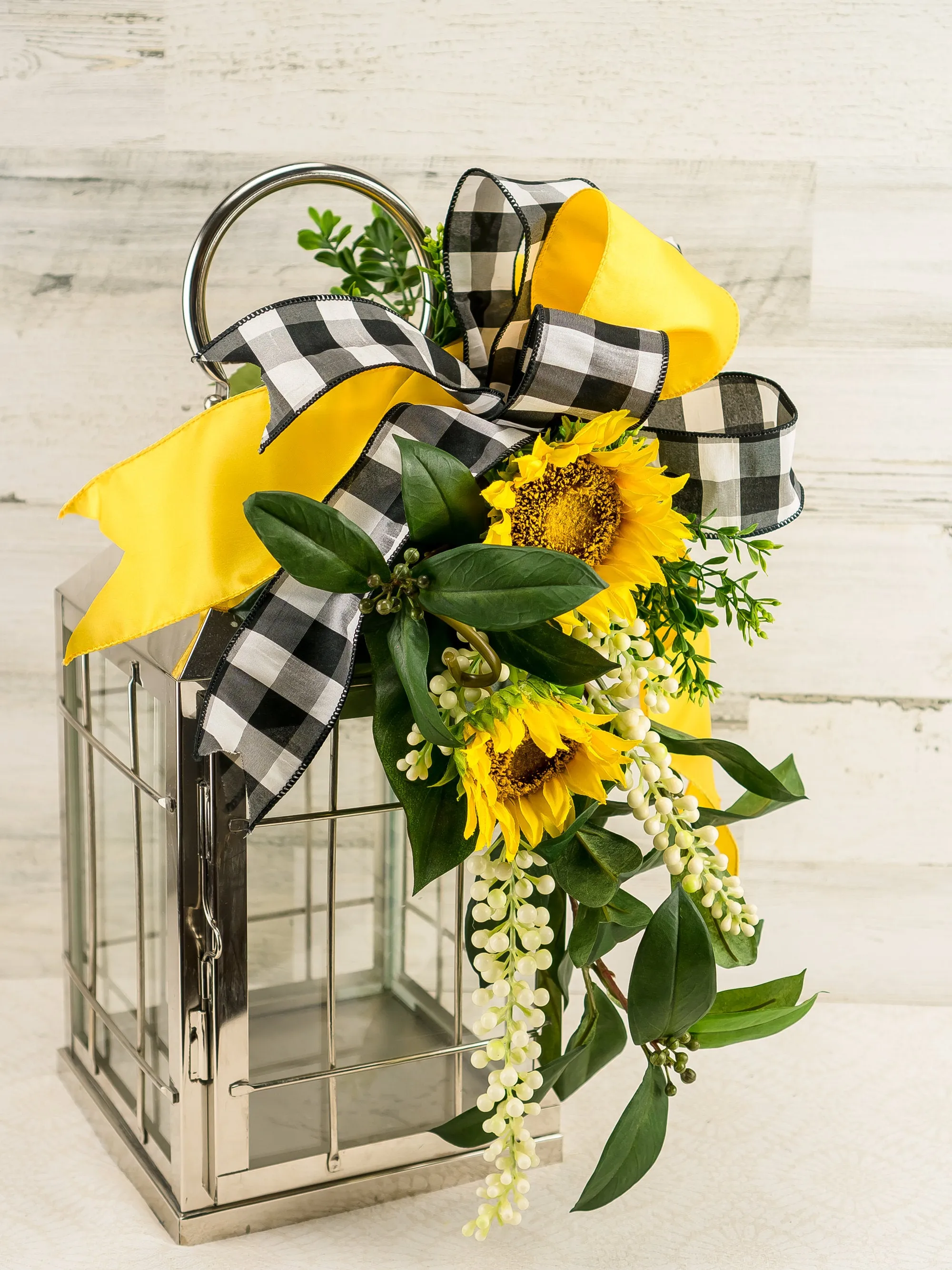 Sunflower Lantern Swag with Buffalo Check Bow - Choice of Ribbon