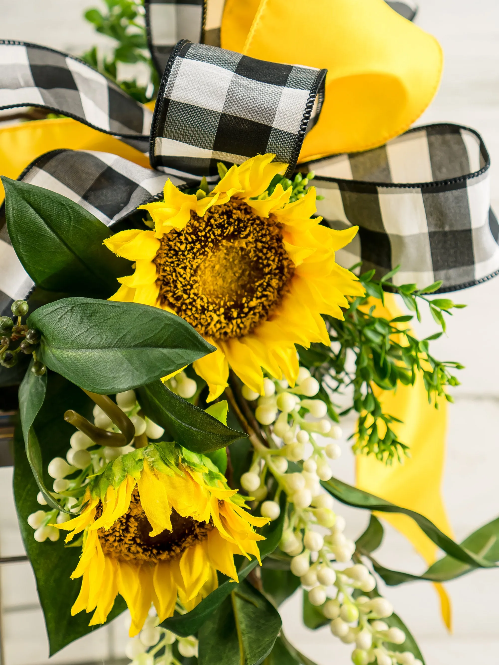 Sunflower Lantern Swag with Buffalo Check Bow - Choice of Ribbon