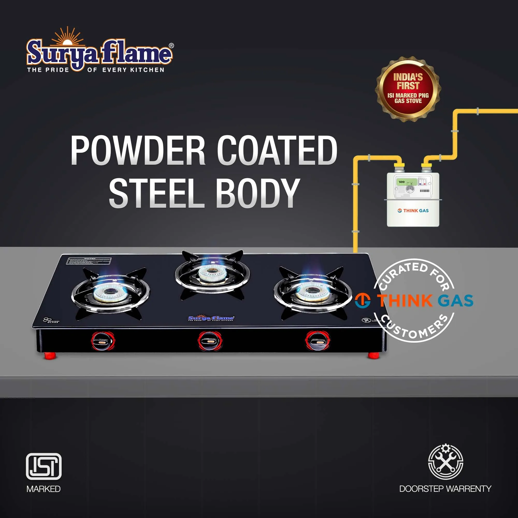 Surya Flame Alpha Gas Stove 3 Burner Glass Top | India's First ISI Certifed Black Body PNG Stove | Direct Use For Pipeline Gas - 2 Years Complete Doorstep Warranty