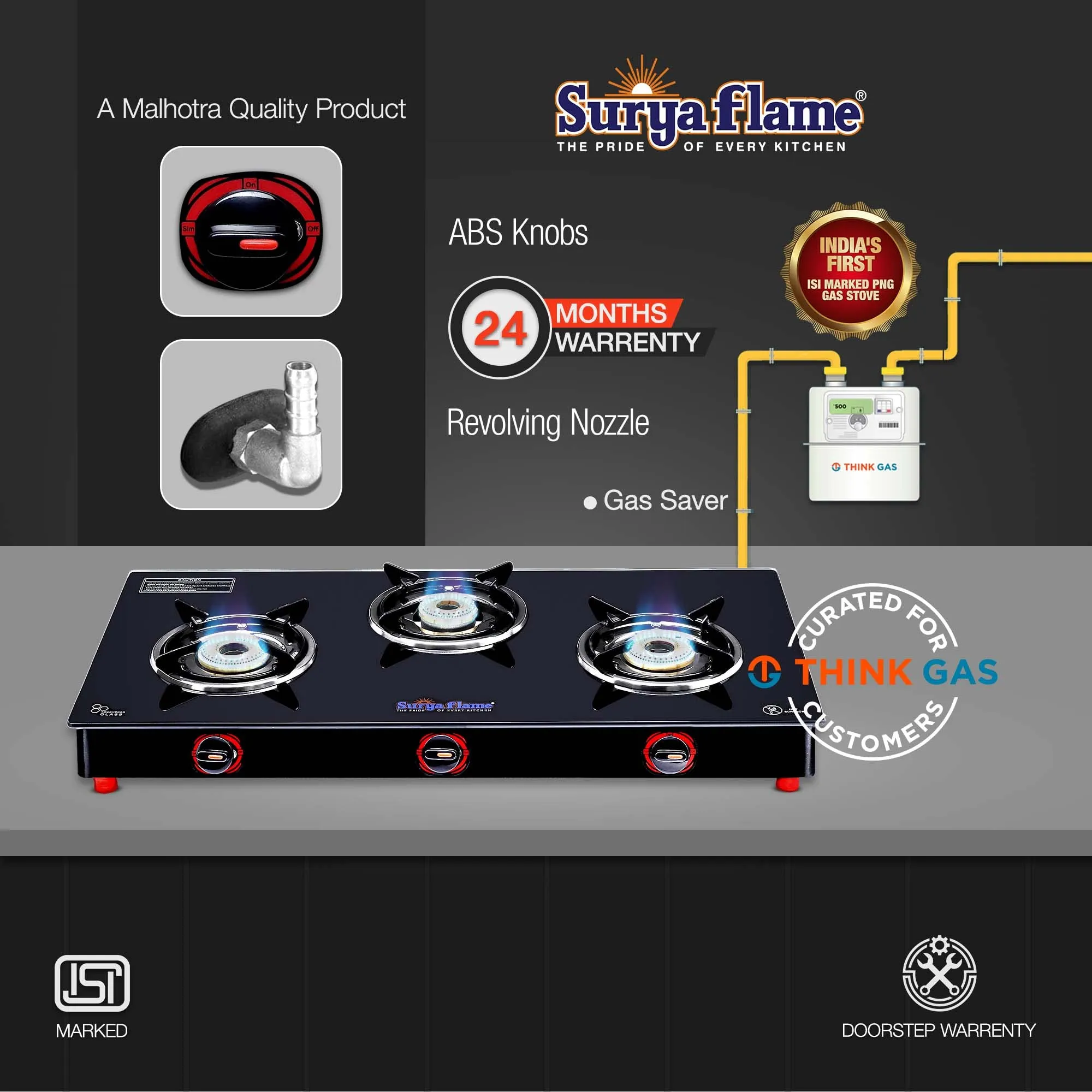 Surya Flame Alpha Gas Stove 3 Burner Glass Top | India's First ISI Certifed Black Body PNG Stove | Direct Use For Pipeline Gas - 2 Years Complete Doorstep Warranty