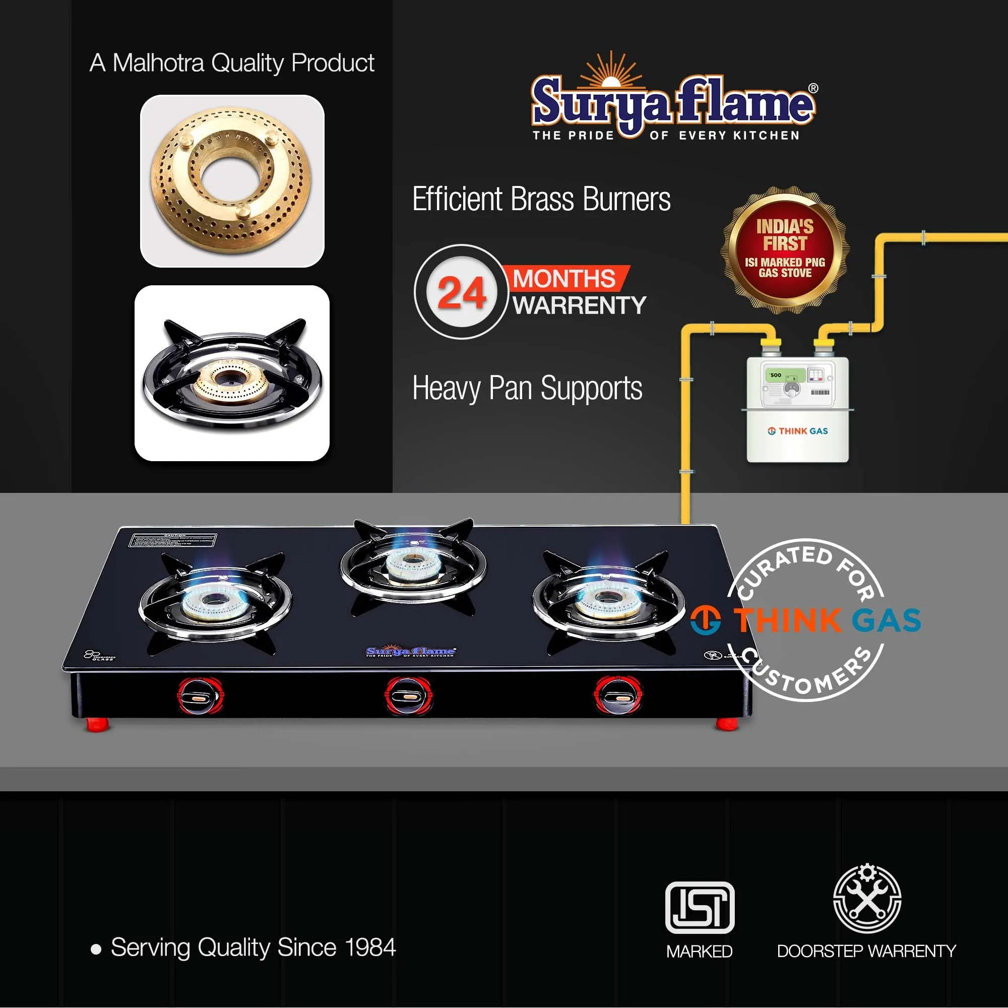 Surya Flame Alpha Gas Stove 3 Burner Glass Top | India's First ISI Certifed Black Body PNG Stove | Direct Use For Pipeline Gas - 2 Years Complete Doorstep Warranty