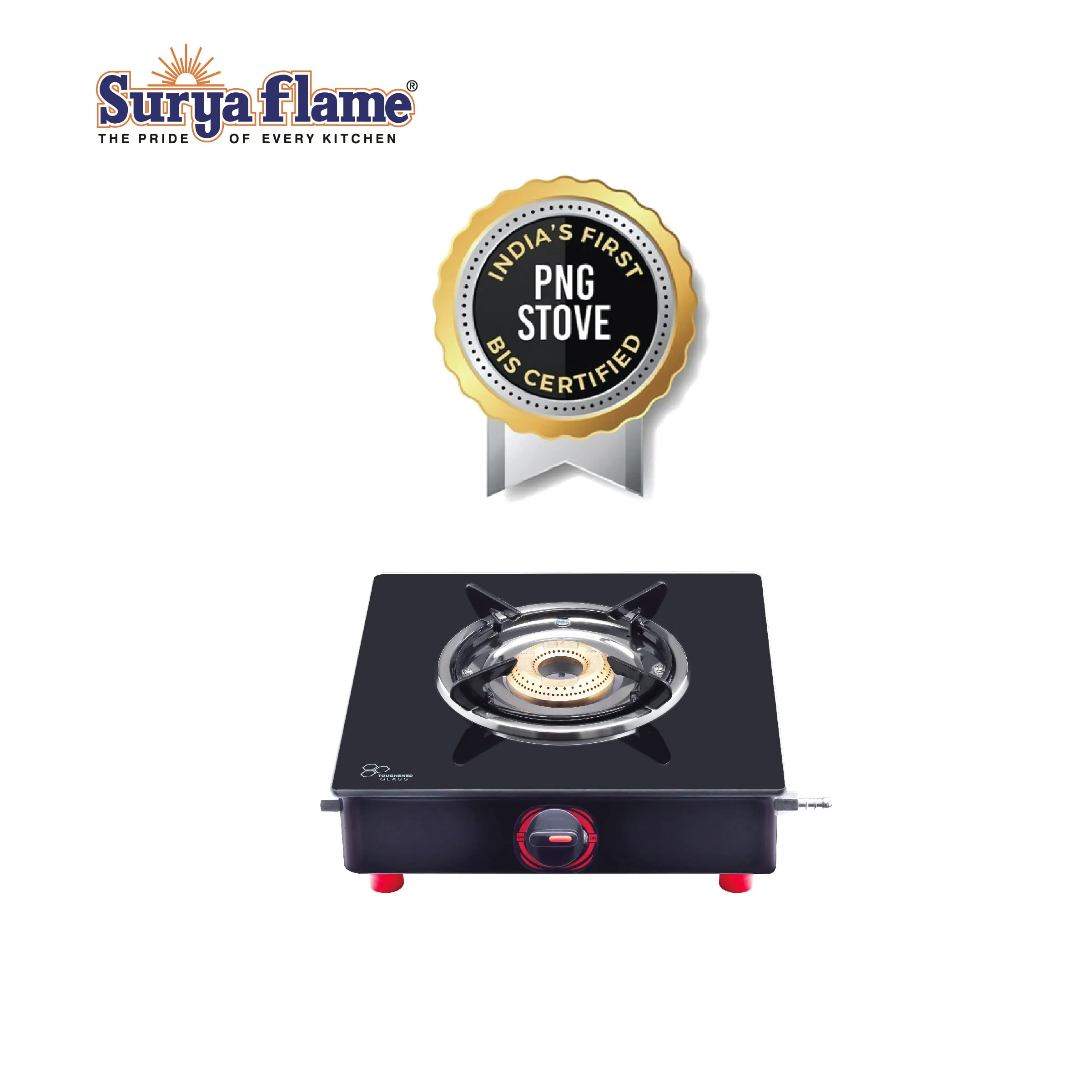 Surya Flame Smart Gas Stove 1 Burner Glass Top PNG Stove | LPG Gas Dual Layer Rubber Hose Pipe 1.5M | Stainless Steel Elegant Gas Stove Lighter With Knife, Peeler Knife and Shredder (Pack of 4)