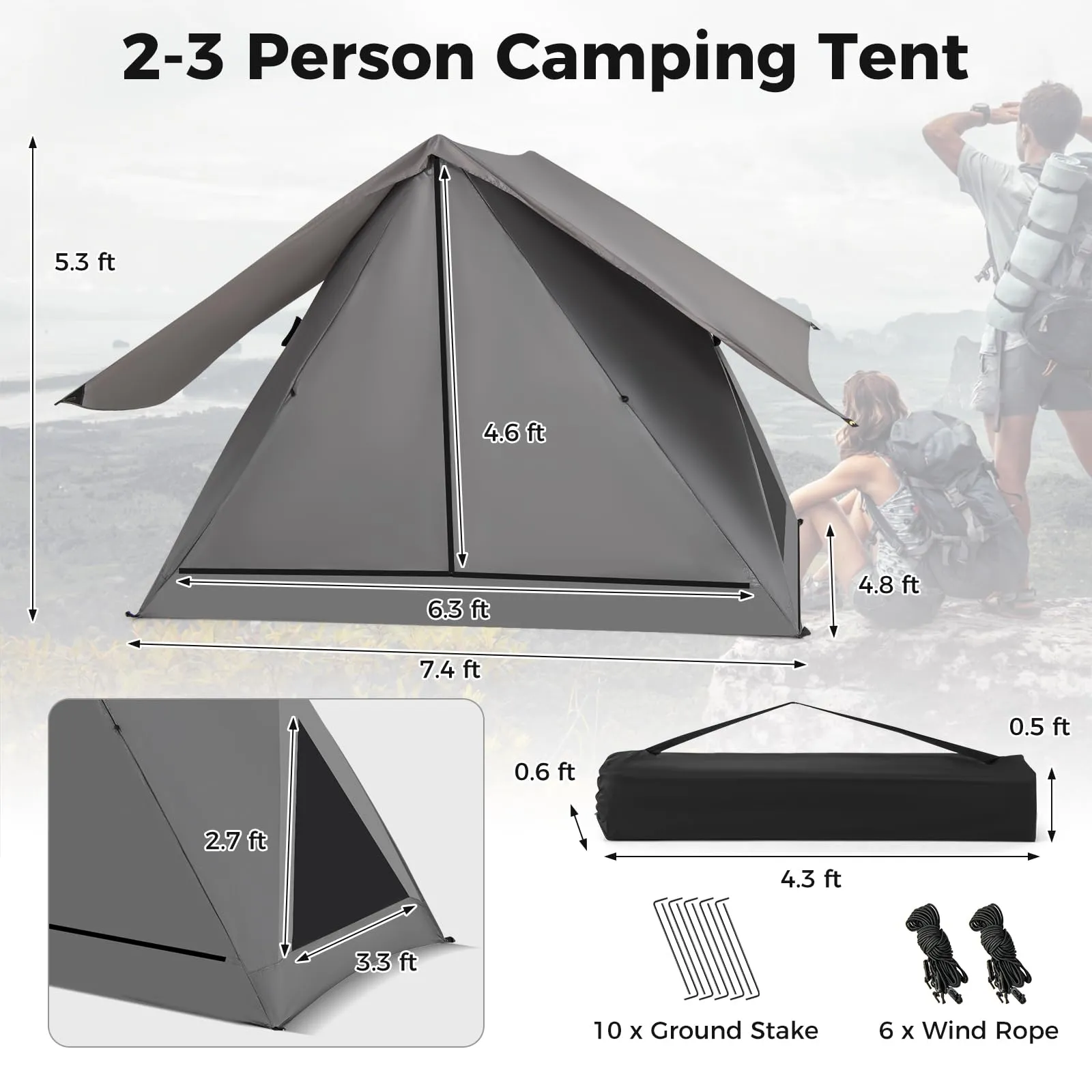 Tangkula Pop Up Camping Tent for 2-3 Person, 360° One-Way See-Through Backpacking Tent with Removable Rainfly