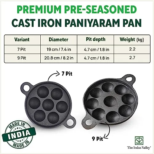 The Indus Valley Super Smooth Cast Iron Paniyaram Pan | Very Small, 7pit, 19cm/7.4 inch, 2.2kg | Induction friendly | Nonstick, Pre-Seasoned Appe/Paddu Pan, 100% Pure & Toxin-free, No Chemical Coating