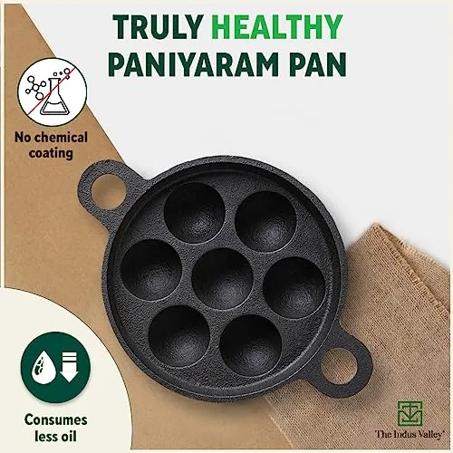 The Indus Valley Super Smooth Cast Iron Paniyaram Pan | Very Small, 7pit, 19cm/7.4 inch, 2.2kg | Induction friendly | Nonstick, Pre-Seasoned Appe/Paddu Pan, 100% Pure & Toxin-free, No Chemical Coating