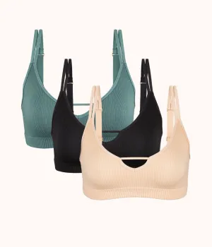 The Skinny-Strap Seamless Bralette Trio: Jet Black/Toasted Almond/Harbor Green