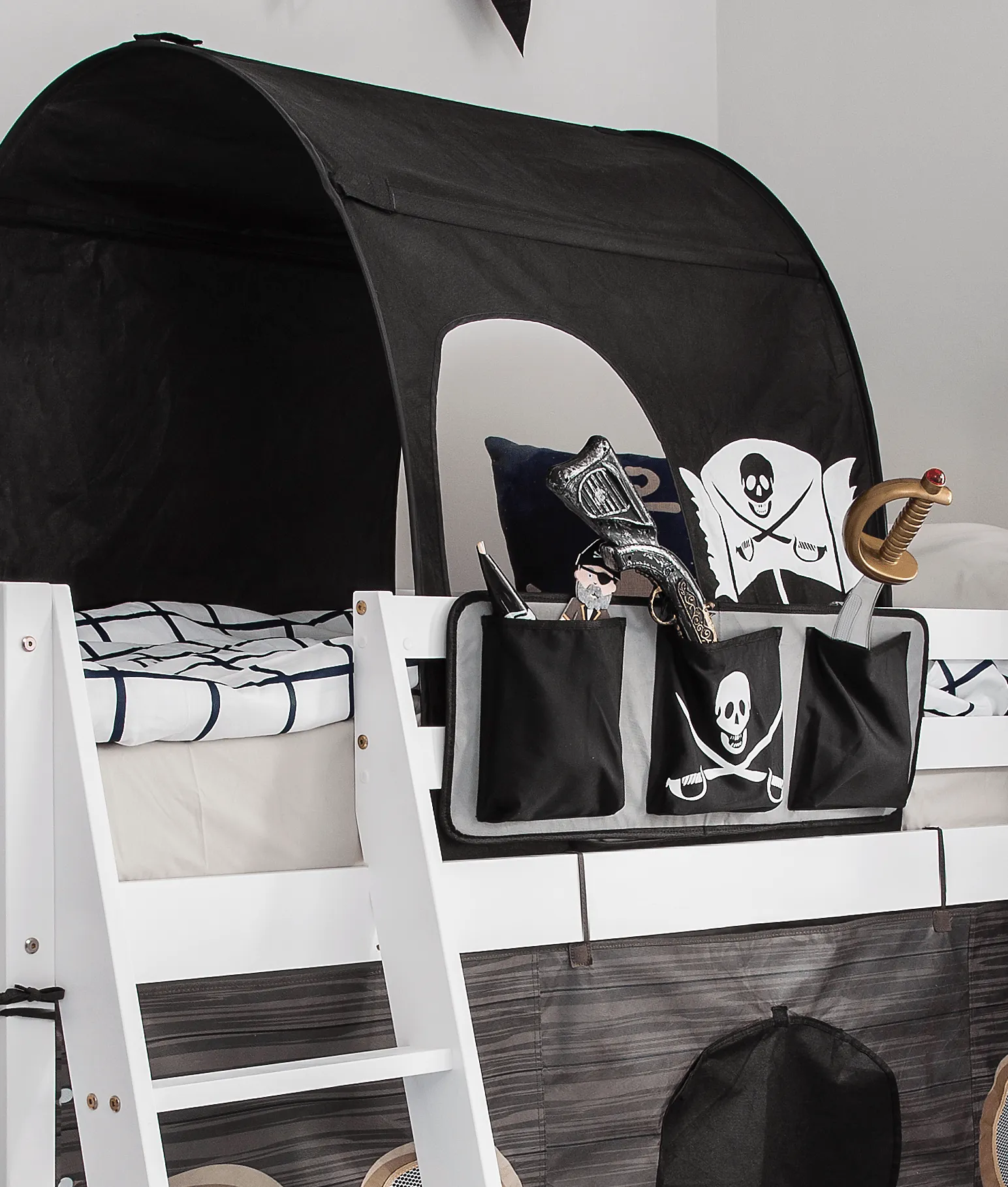 Tuva Cabin Bed Low with Bunk Underbed Slide & Pirate Hideaway Package in Classic White