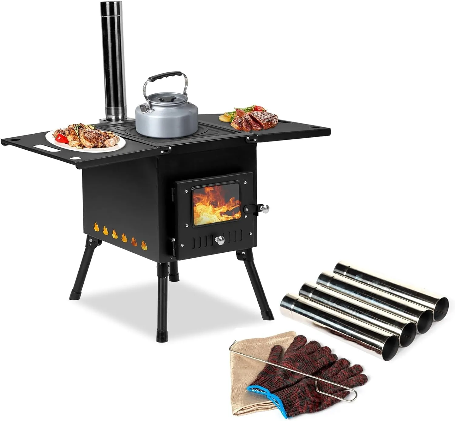 versatile Camping Wood Stove, Outdoor Portable Tent Wood Burning Stove with Stainless Chimney Pipes, Tent Stove Jack & Gloves for Outdoor Camping Cooking and Heating 3-4 People Use(Black)